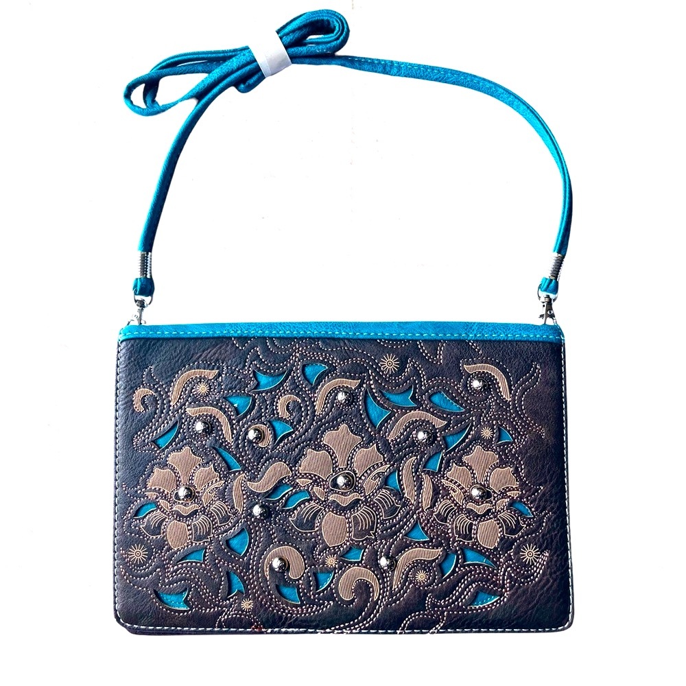 Western Crossbody Bag Leather Studs Turquoise Fold Clutch Western Boho New NWOT